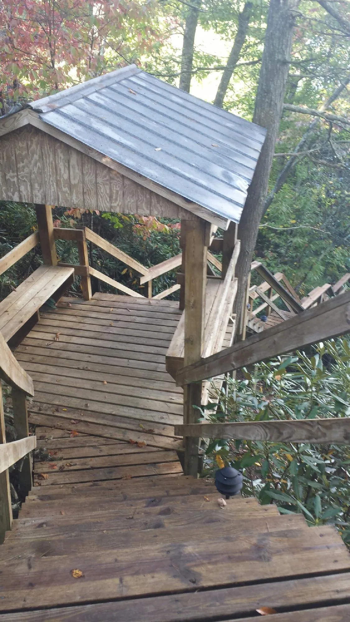 Metal roofed shelter over wooden steps on a wooded walkway — Skylight Repair & Installation work by our crew in Depoe Bay